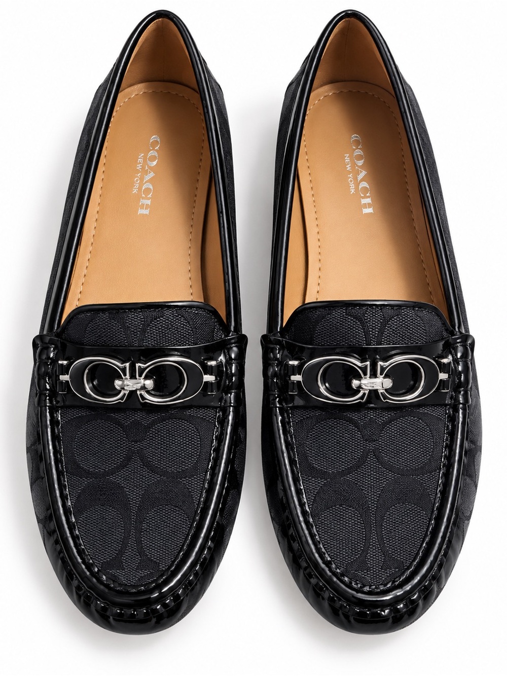 Coach Black Signature Canvas & Patent Leather Loafers with Silver Hardware
